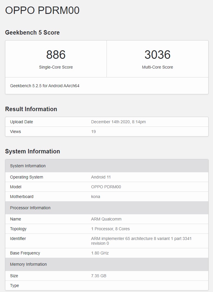 OPPO Reno5 Pro+ 現身 GeekBench，驍龍 865 加持