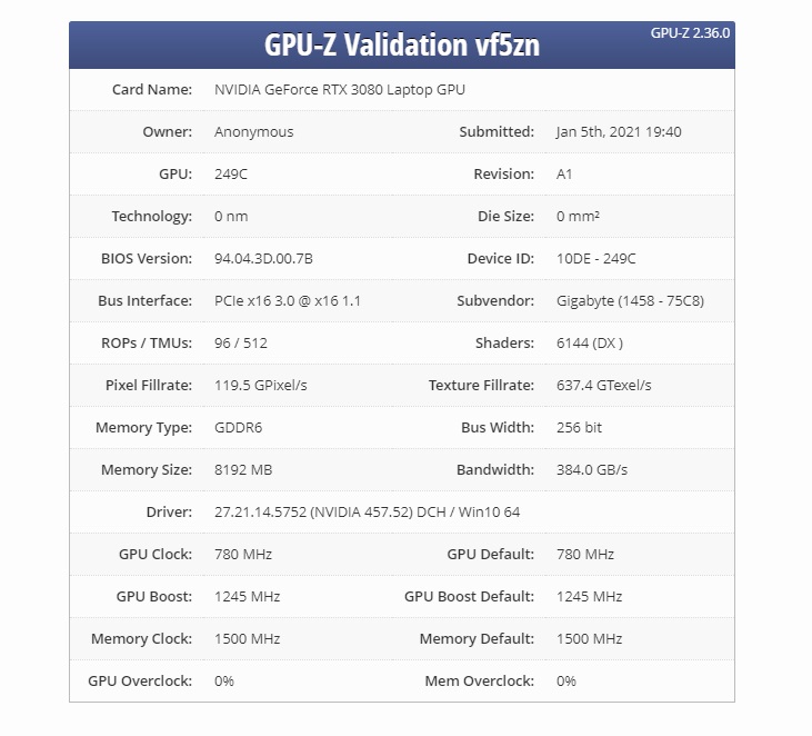 英偉達 RTX 3080 Max-Q 曝光:頻率降至 1245 MHz,8GB 顯存