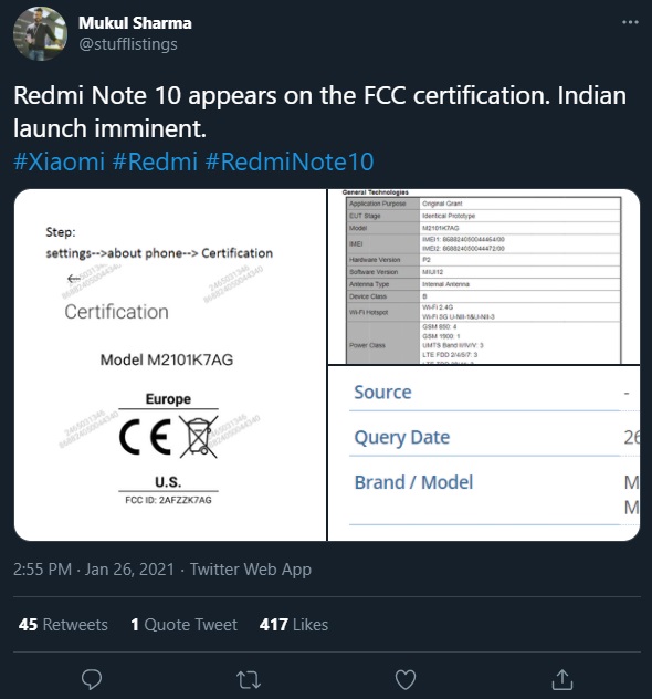 Redmi Note 10 通過萊茵認證,爆料者稱即將發布
