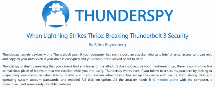 雷電接口存缺陷,2019 年之前生產的任何 PC 都易受到“Thunderspy”攻擊