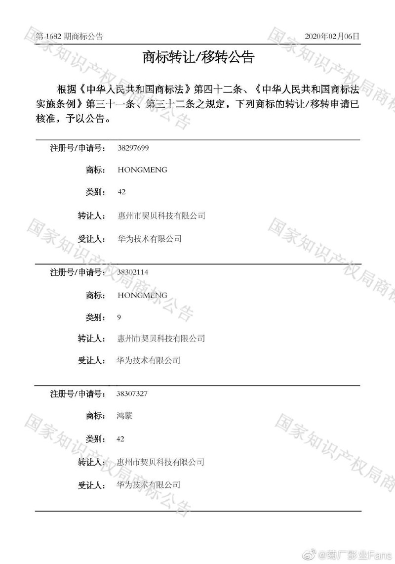 消息稱華為獲得“鴻蒙”商標轉讓