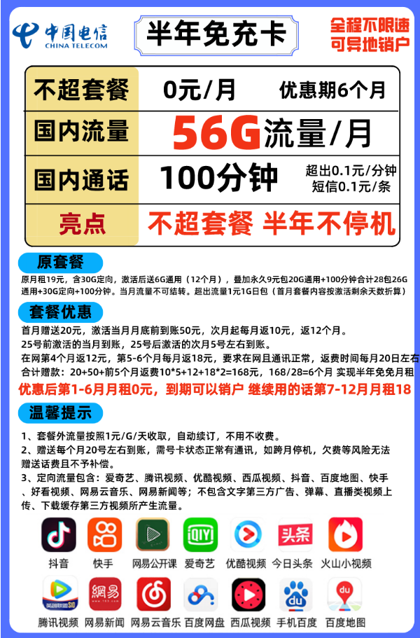 每月0元！京東中國電信高速上網手機卡流量卡7.9元/張