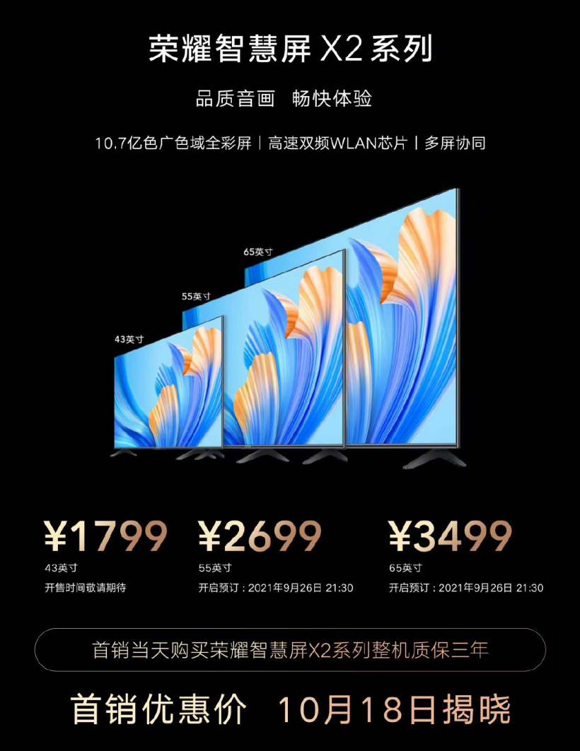 榮耀智慧屏 X2 首銷優(yōu)惠價(jià) 10 月 18 日公布:55 英寸 2X99 元、65 英寸 XX99 元,整機(jī)享受 3 年保修