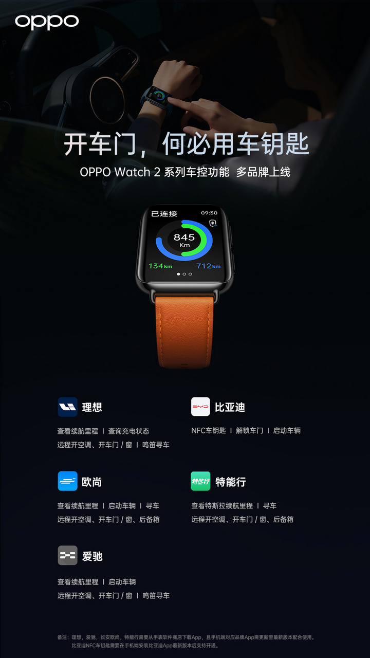 OPPO 為比亞迪、理想汽車、特斯拉等廠商推出車控功能,手表即可開車門