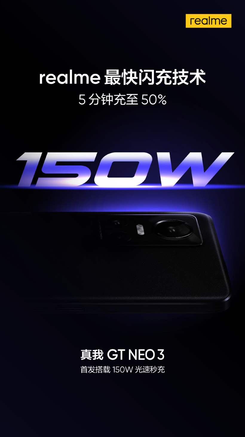 realme 真我 GT Neo3 全球首發 150W 光速秒充:5 分鐘充至 50%