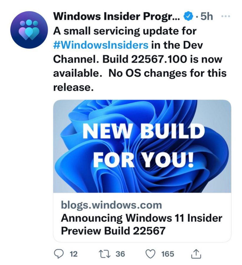 微軟發布 Win11 Dev 預覽版 22567.100 (KB5012427) 更新