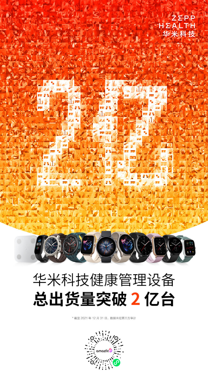 華米:智能設備全球累計出貨量突破 2 億臺